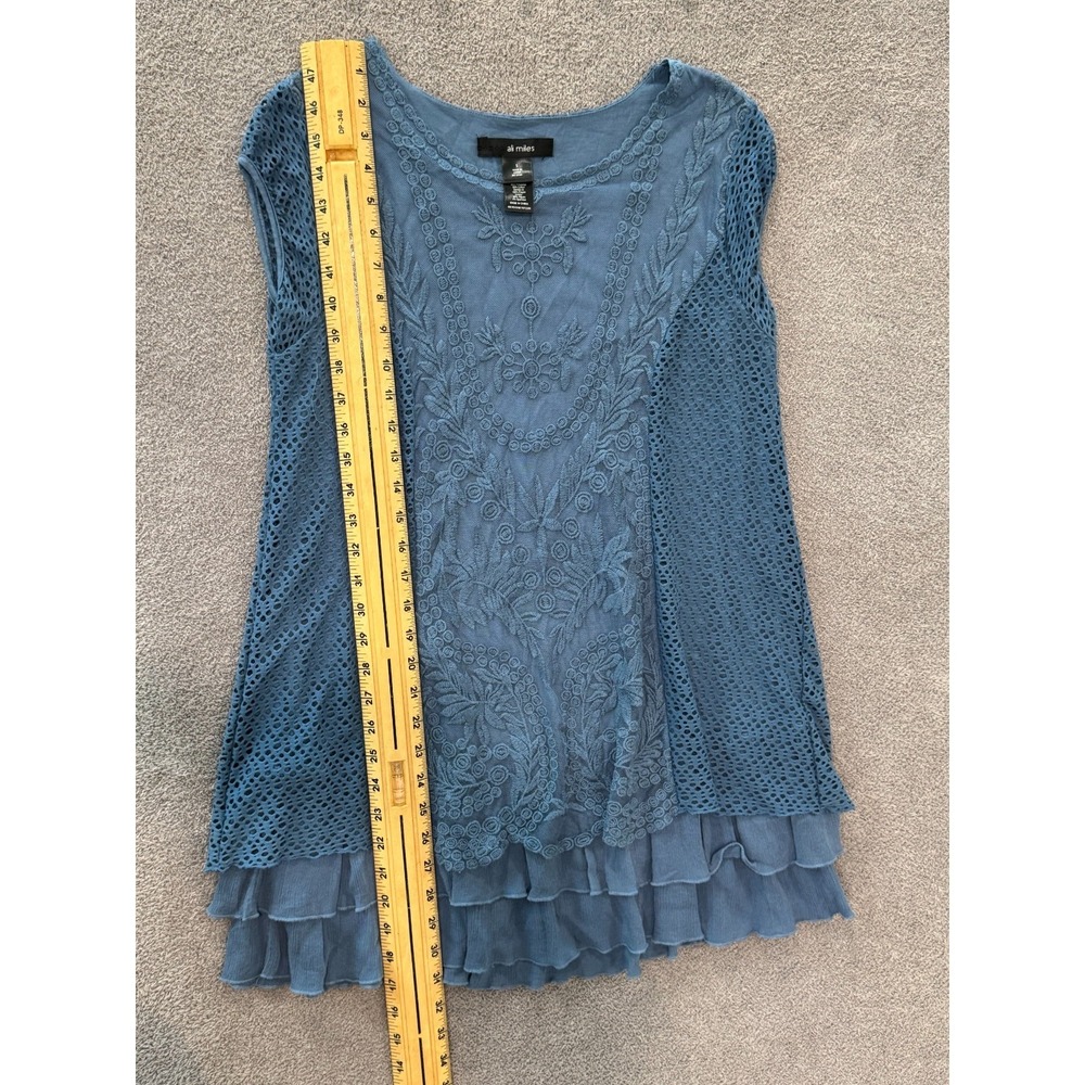 Ali Miles Sleeveless Tunic Top Small Blue Embroidered Layered Hem Boho Festival